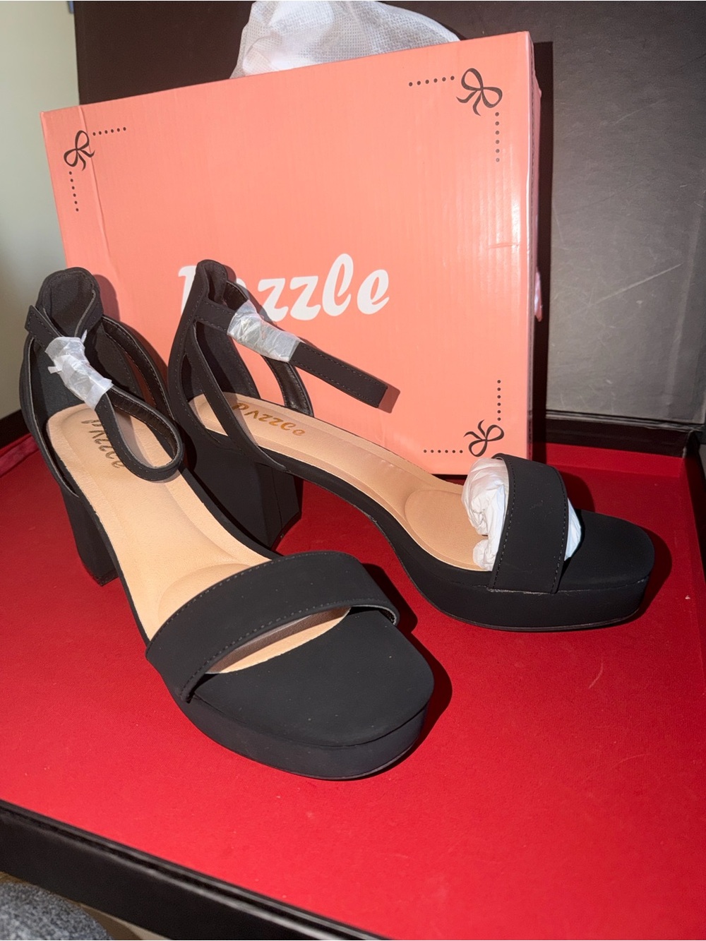 Pazzle Black Ankle-Strap Platform Block Heels for Women